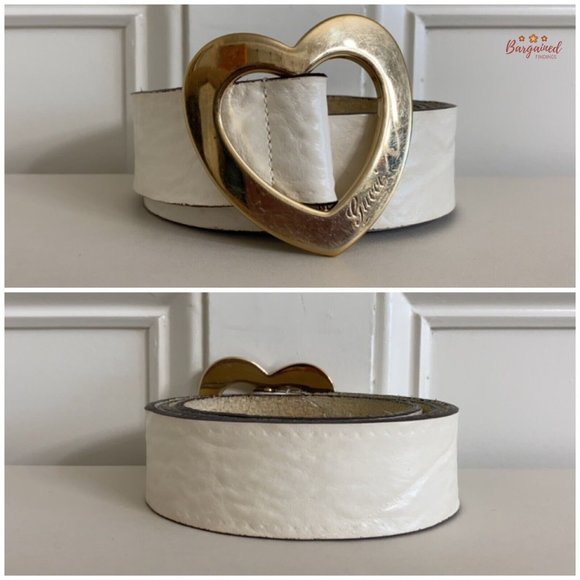 Authentic Gucci Cream Leather Gold Heart Shaped Engraved Script Logo Belt 90/36 - Picture 3 of 13